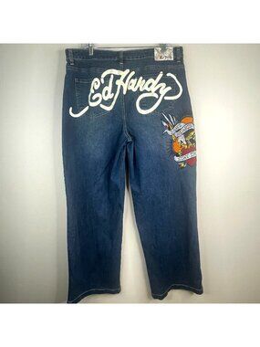 Ed Hardy Y2K Jeans Wide Leg Eagle Embroidered Womens 34 Brave Hearts Stay True